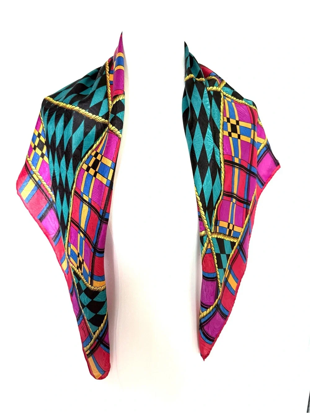Colorblock Geometric Silk Scarf – Pink & Teal